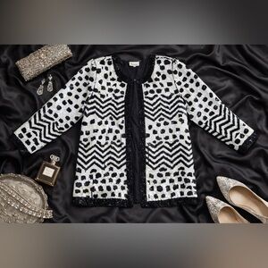 Vintage Patra Black & White Geometric Sequin Open Duster Deco Glam Blazer Jacket